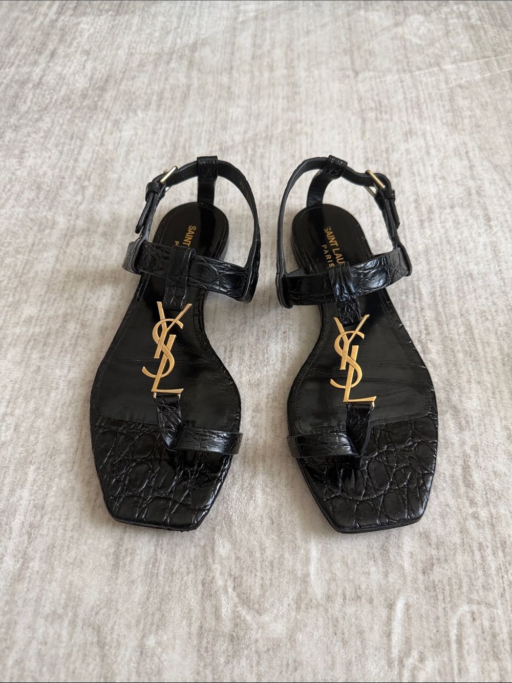 Saint Laurent Black Croc-Embossed Leather Sandals with Gold YSL Accent Sz 36 - Picture 3 of 6